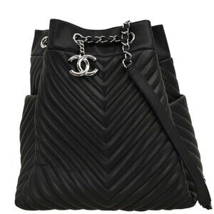 Chanel Black Lambskin Chevron Drawstring Shoulder Bag